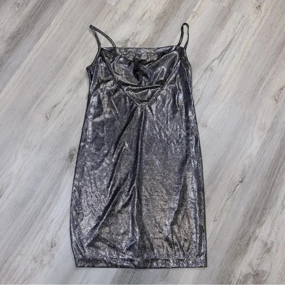 Vintage Circa 1980 TRUST ME Disco Metallic Silver Black Cowl Neck Mini Dress USA